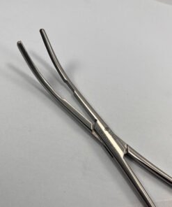 Close-up of long curved jaws on Bainbridge vascular surgical forceps